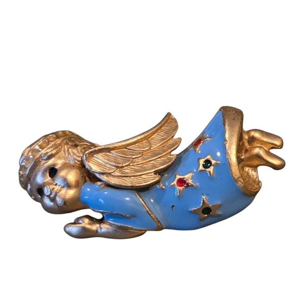 Rare Find Gold Tone Blue Angel W/ Rhinestone Halo Stars, Gold Wings Vintage 80's - Picture 12 of 12